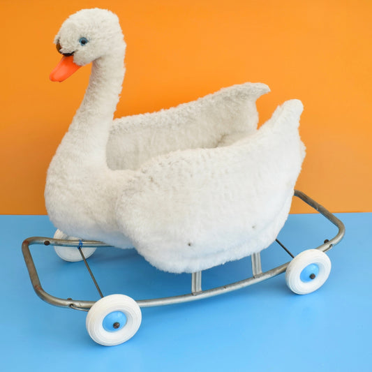Vintage 1960s Kitsch Ride On Swan With Wheels / Rocker by Vintage