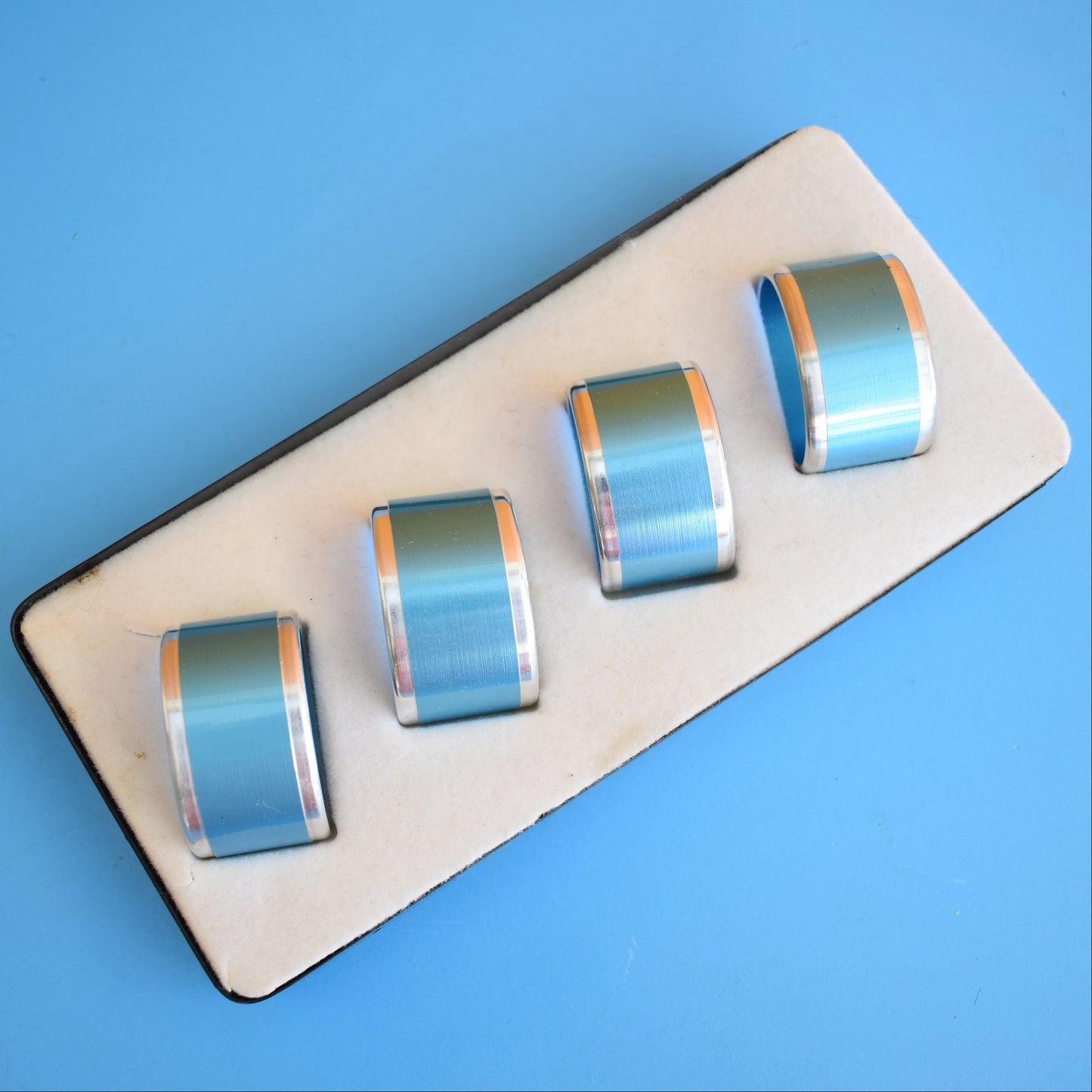 Vintage 1960s Napkin Rings - Anodised Aluminium- Blue