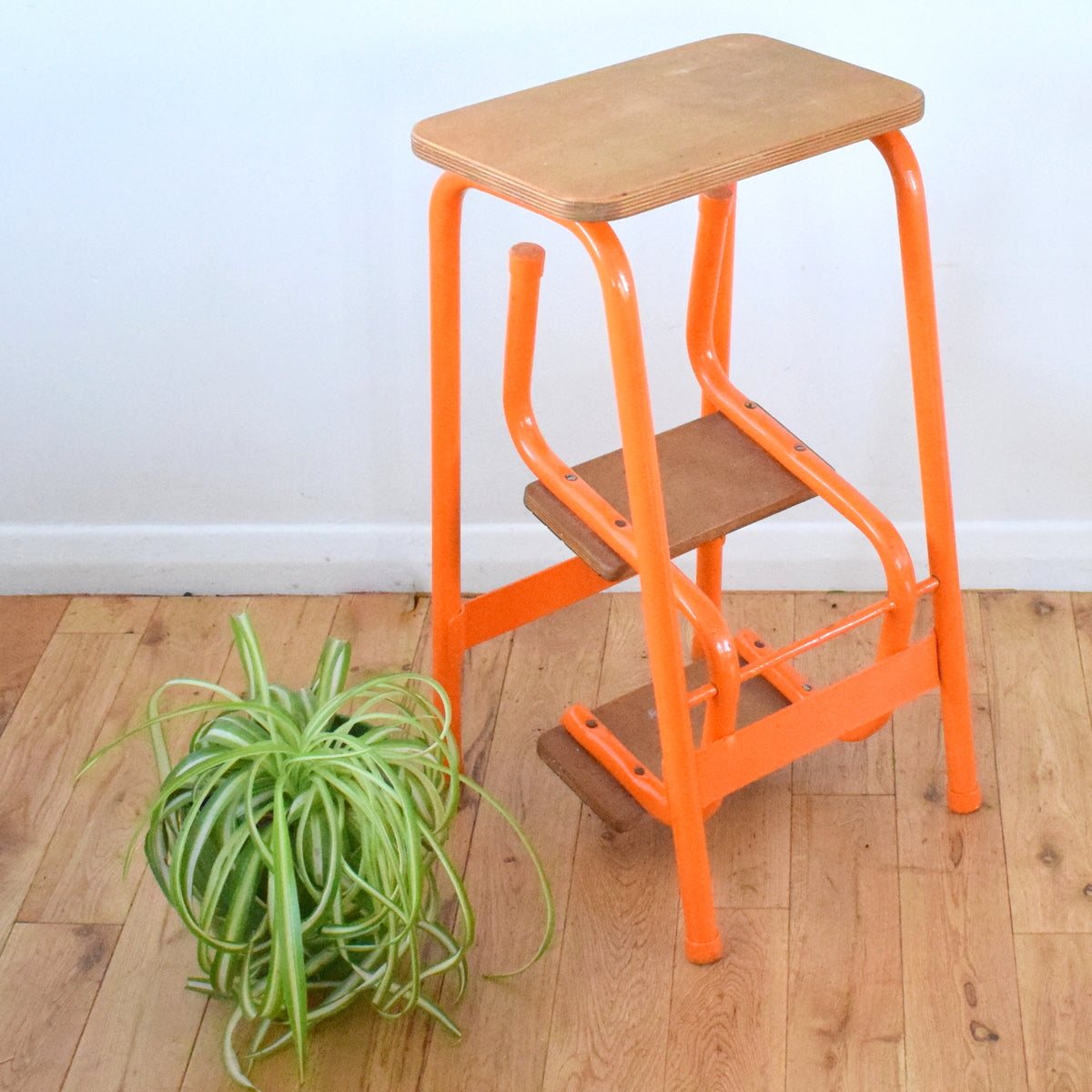 Vintage 1950s Adjustable Stool / Steps/ Plant Stand - Orange & Thick Plywood