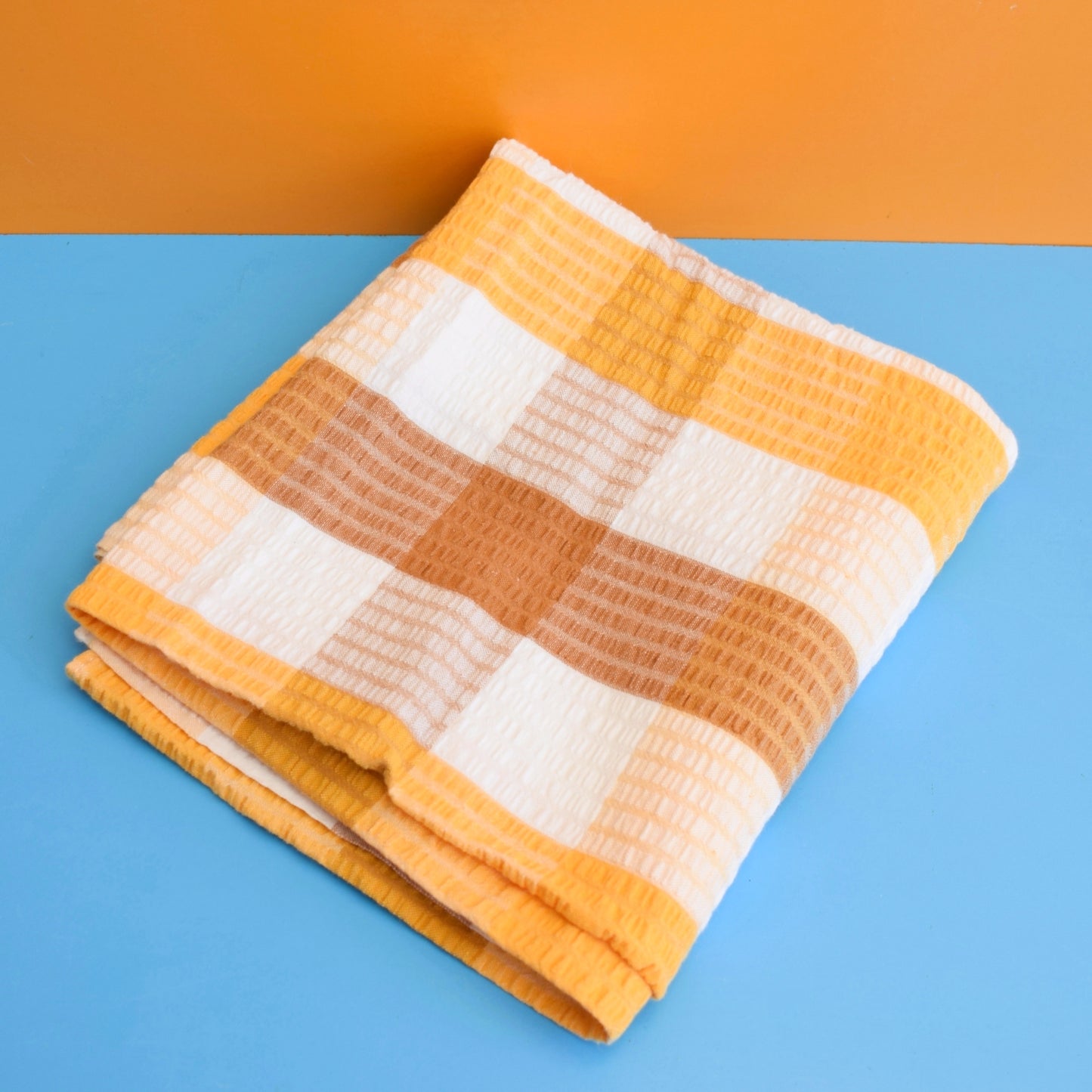 Vintage 1960s Seersucker Tablecloth - Yellow & Brown