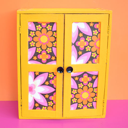 Vintage 1960s Wooden Dolls Wardrobe / Cupboard - Jewellery? - Flower Power Yellow
