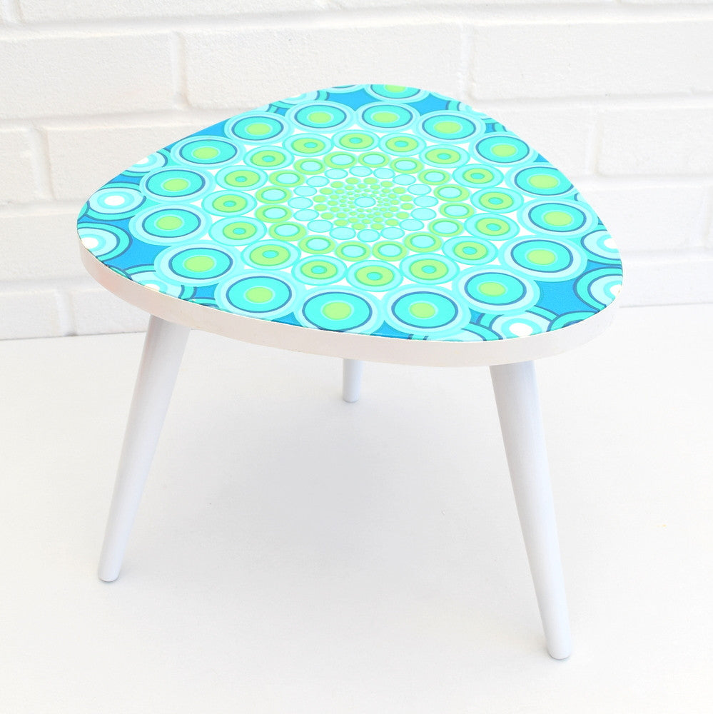 Vintage 1960s Small Triangular Side Table, Blue Geometric Print