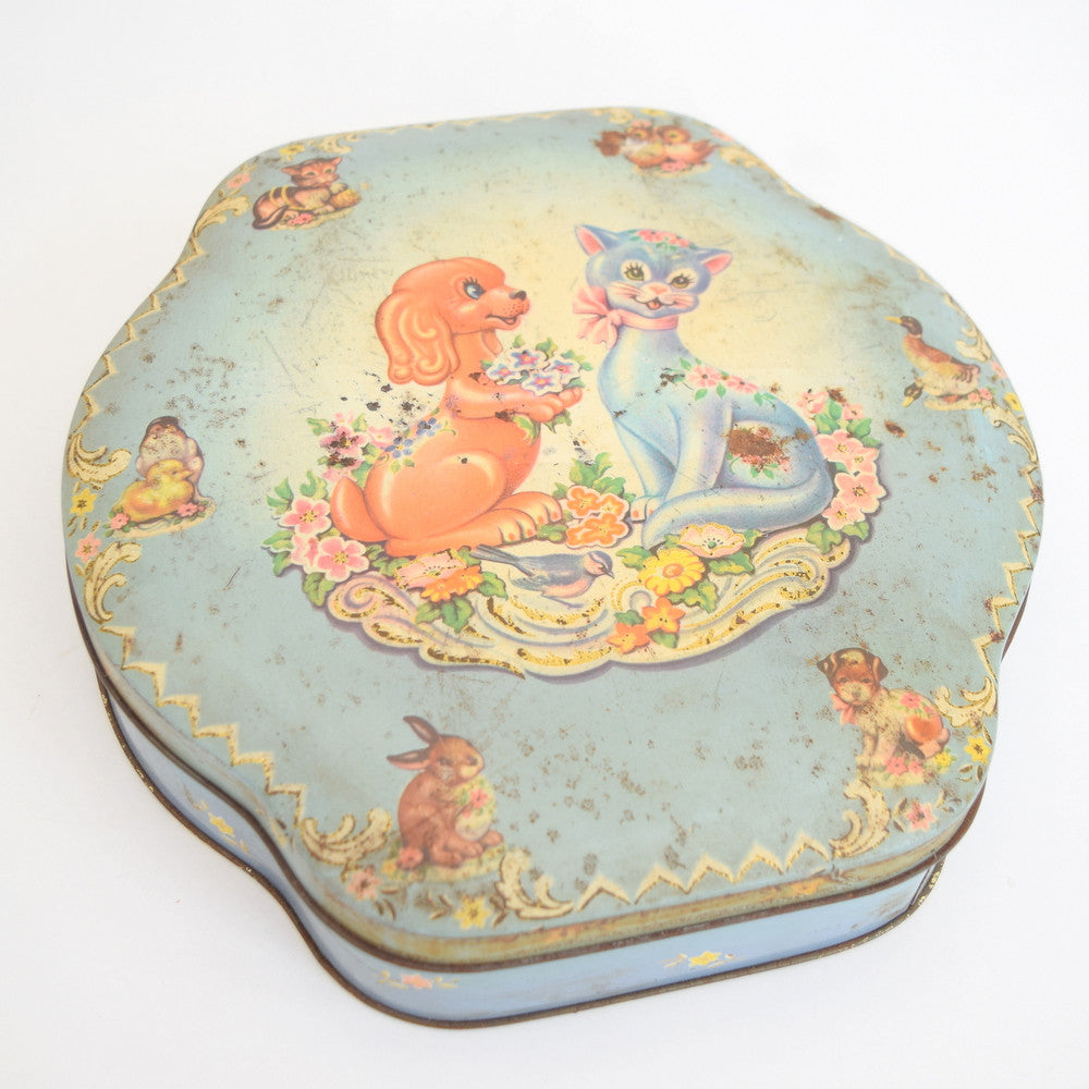Vintage 1950s Kitsch Metal Tin - Dog & Cat Design, Pastels side