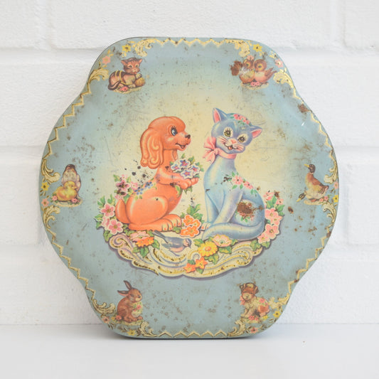 Vintage 1950s Kitsch Metal Tin - Dog & Cat Design, Pastels