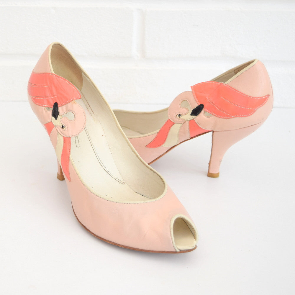 Vintage Leather Flamingo Heeled Shoes - Size 5, Pink