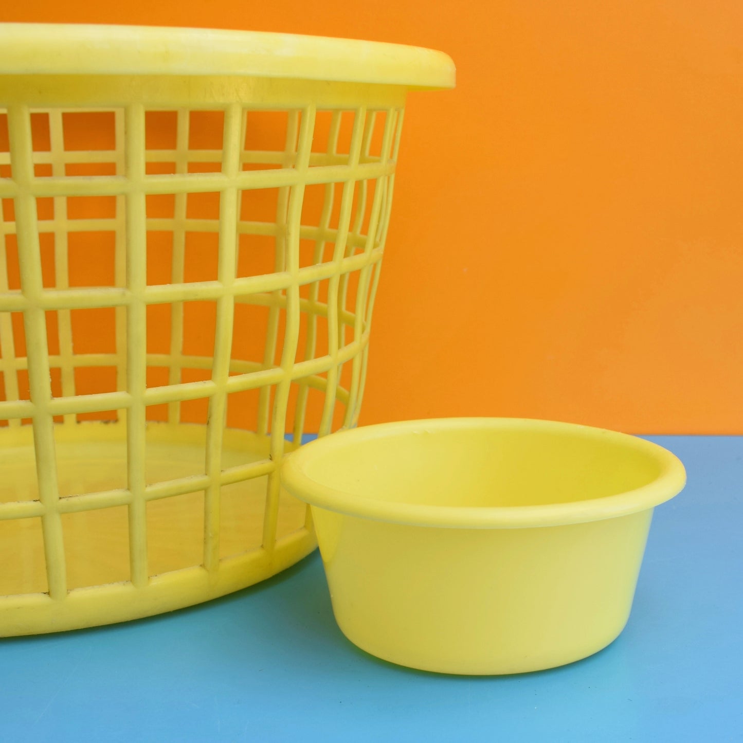 Vintage 1970s Washing Basket & Bowl - Yellow