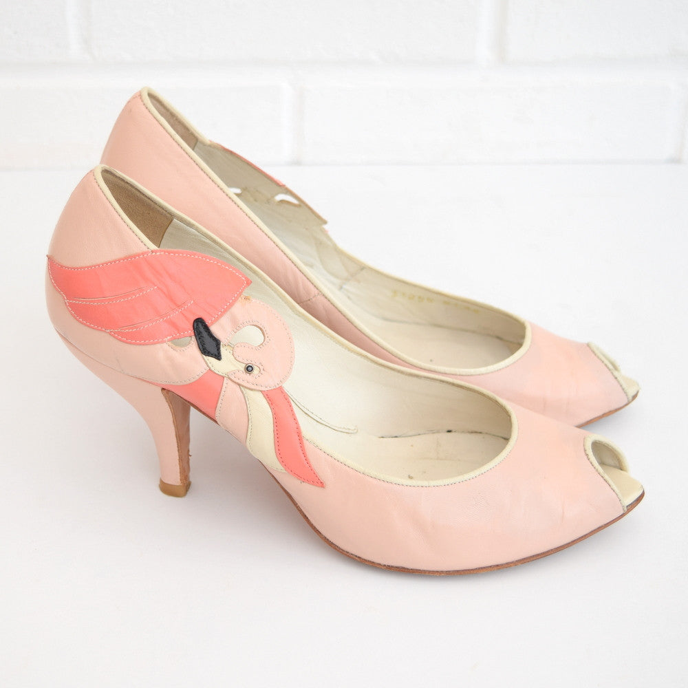 Vintage Leather Flamingo Heeled Shoes - Size 5, Pink side again