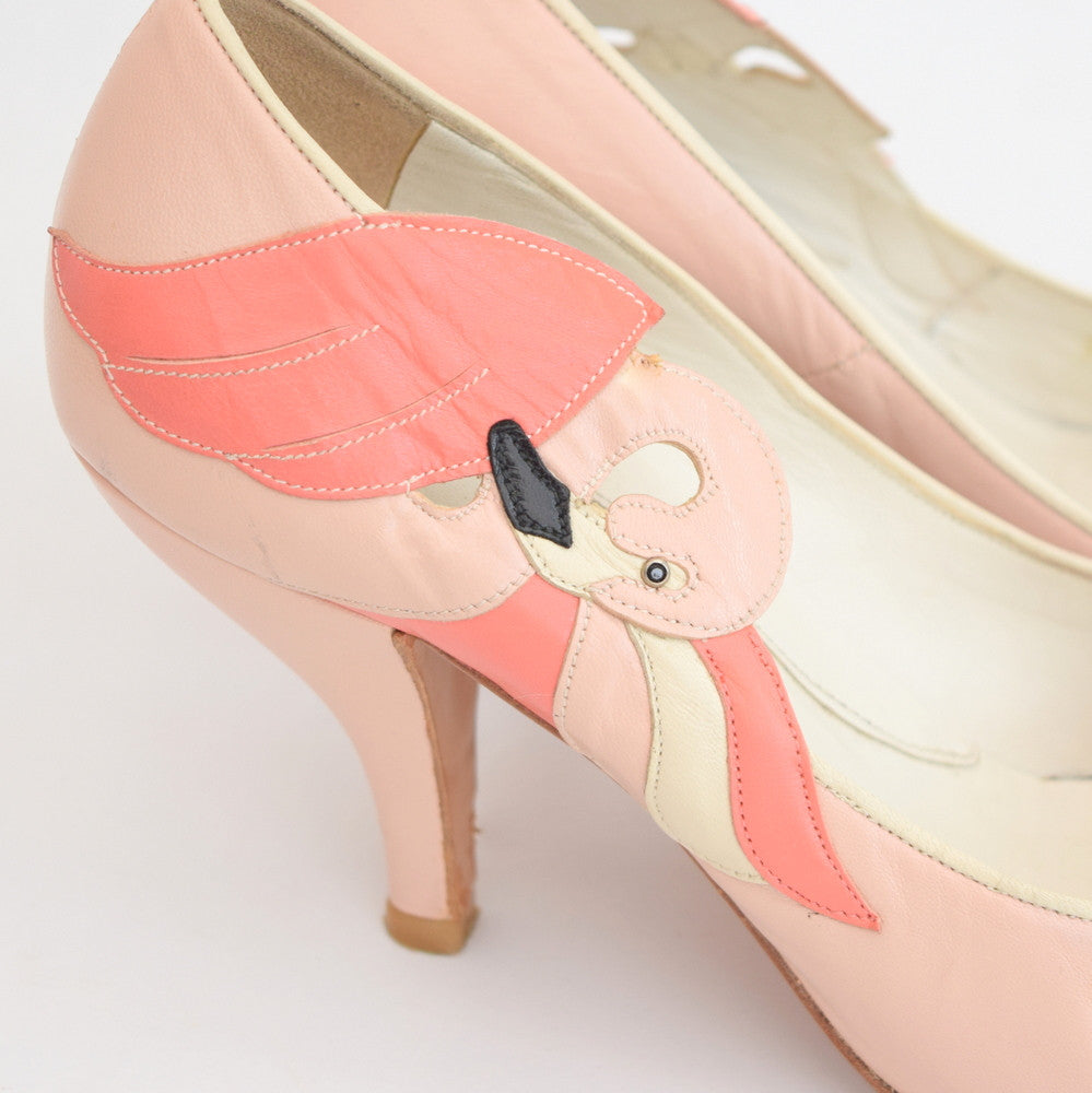 Vintage Leather Flamingo Heeled Shoes - Size 5, Pink detail
