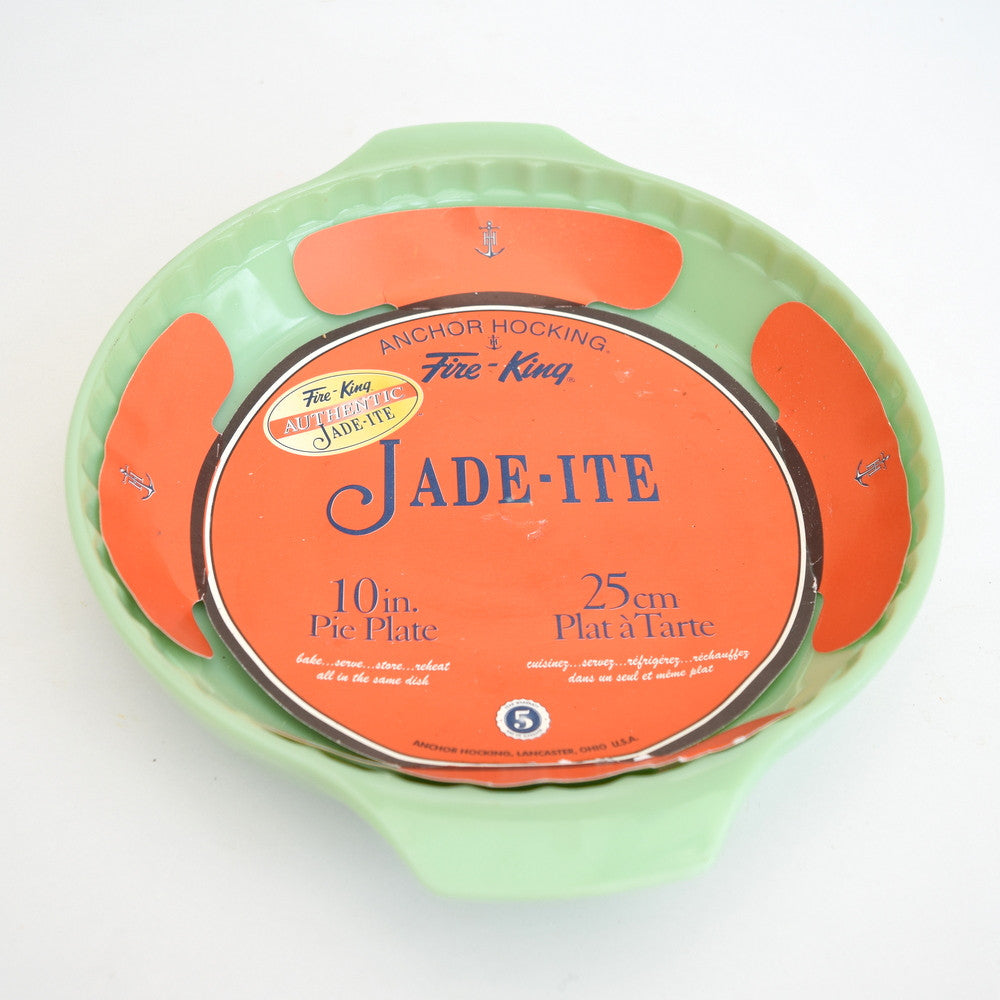 American Fire King Jadeite Round Pie Plate - Jade Green label