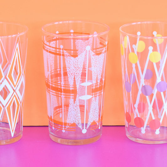 Vintage 1950s Atomic Drinking Glasses x4 - Orange, Red, Purple & White