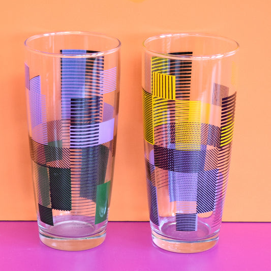 Vintage 1950s Atomic Drinking Glasses Pair - Purple / Yellow / Black
