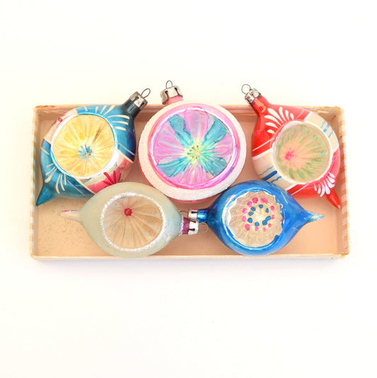 Vintage 1950s Concave Glass Christmas Baubles / Decorations x 5