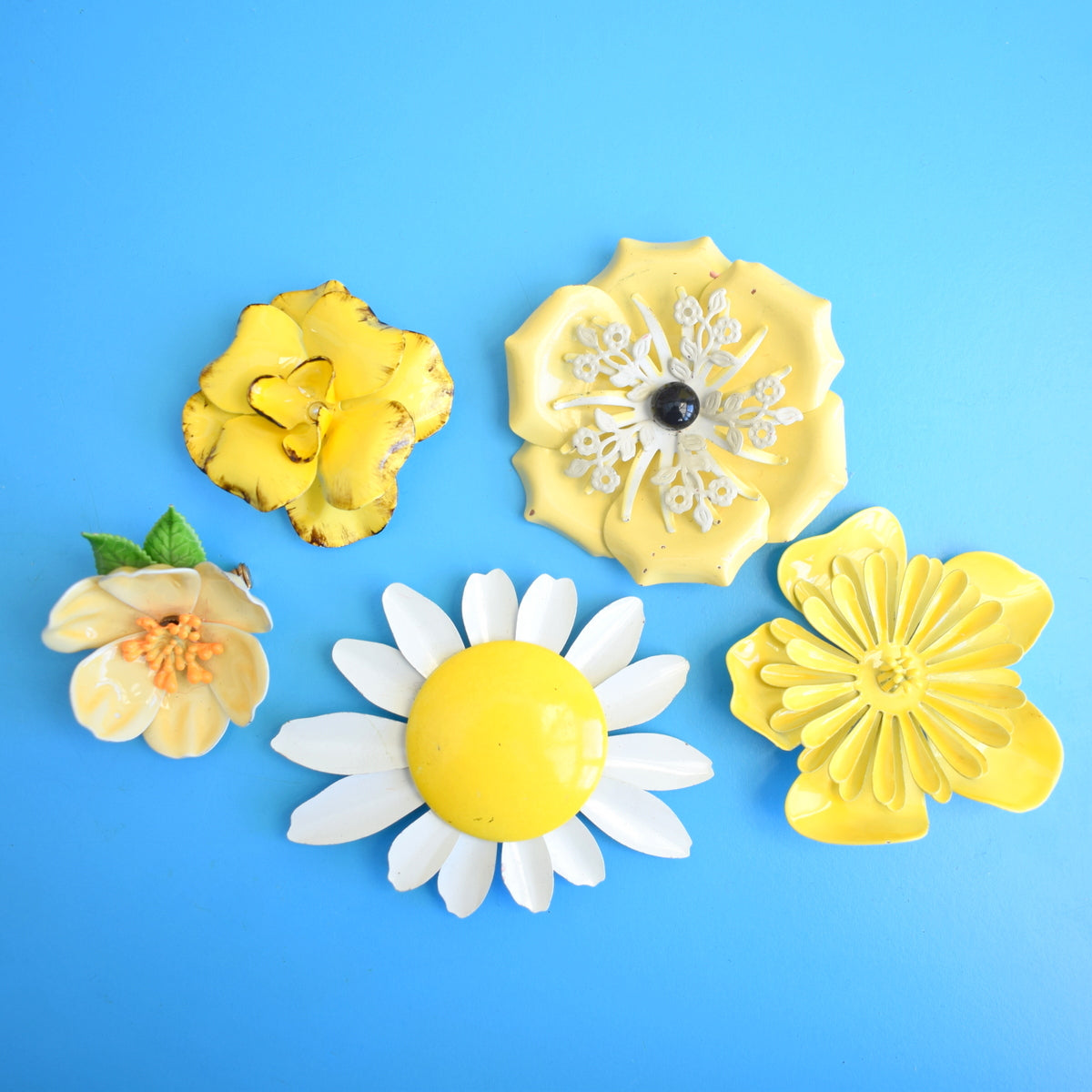 Vintage 1970s Enamel Brooch Pins - Flower Designs - Yellows