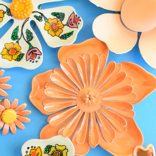 Vintage 1970s Enamel Brooch Pins - Flower Designs - Orange Mixed