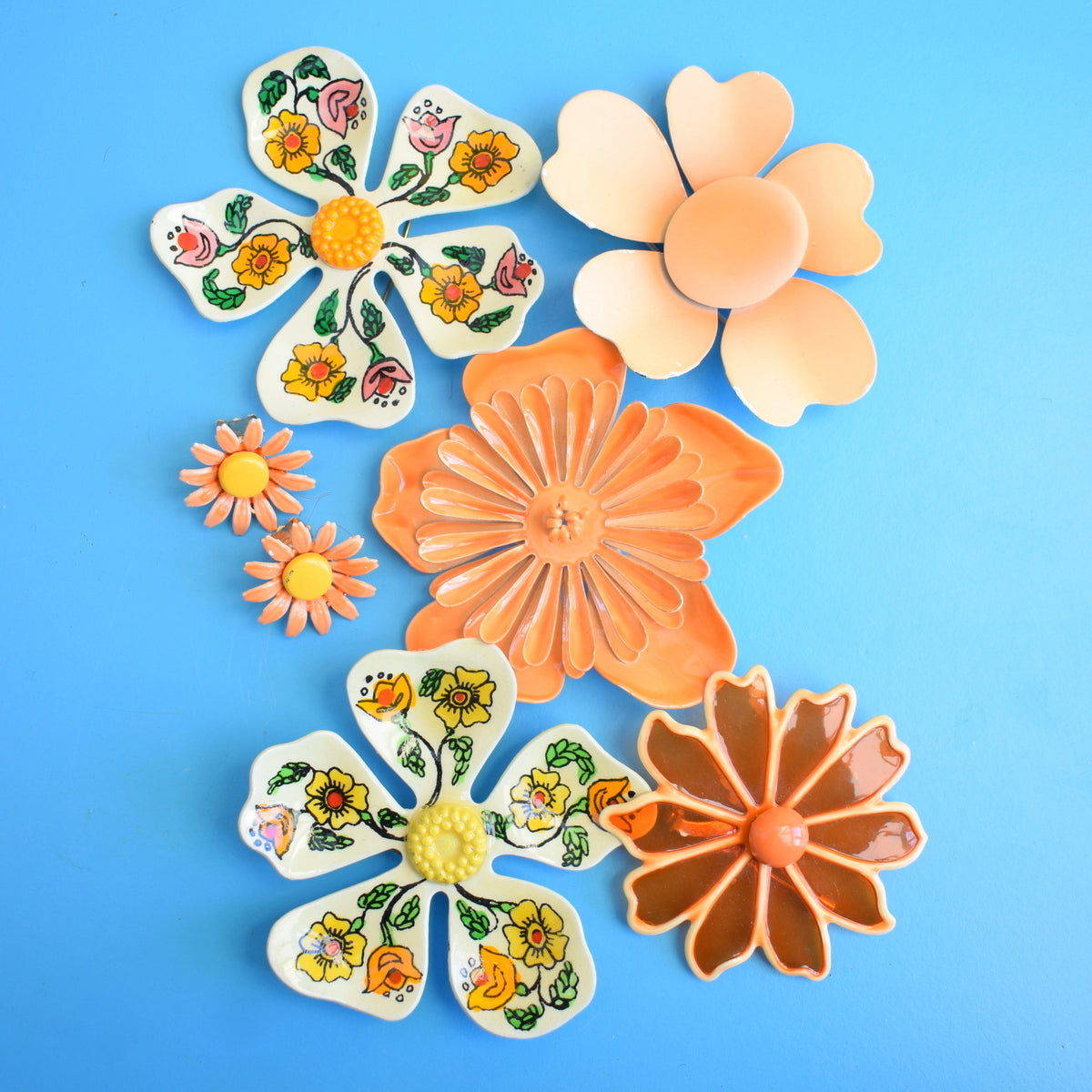 Vintage 1970s Enamel Brooch Pins - Flower Designs - Orange Mixed