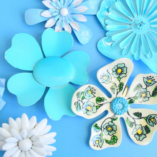 Vintage 1970s Enamel Brooch Pins - Flower Designs - Blue Mixed