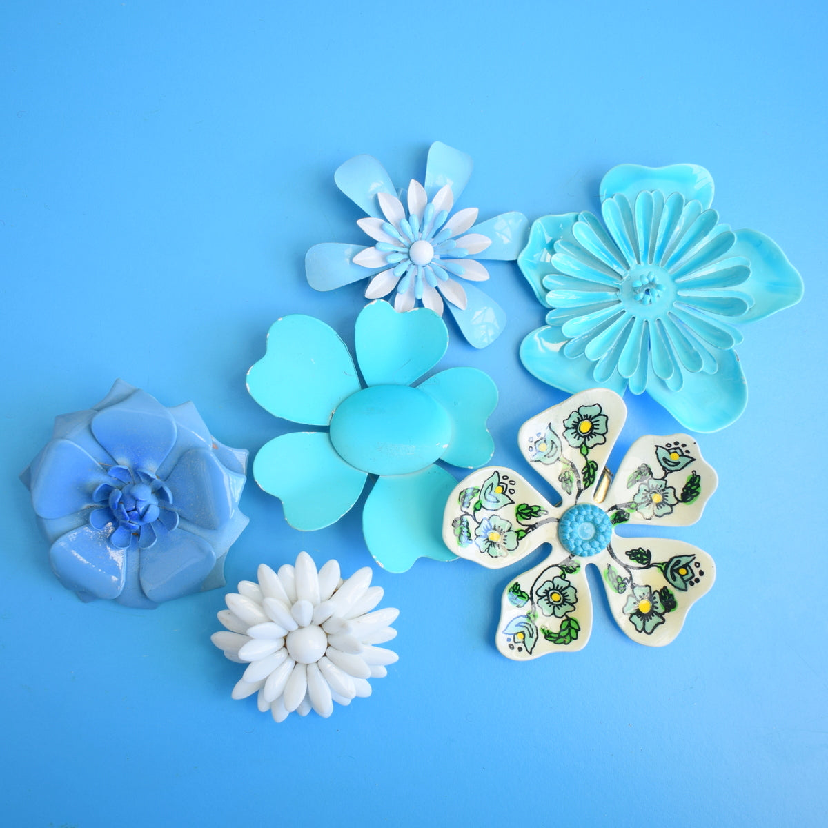 Vintage 1970s Enamel Brooch Pins - Flower Designs - Blue Mixed