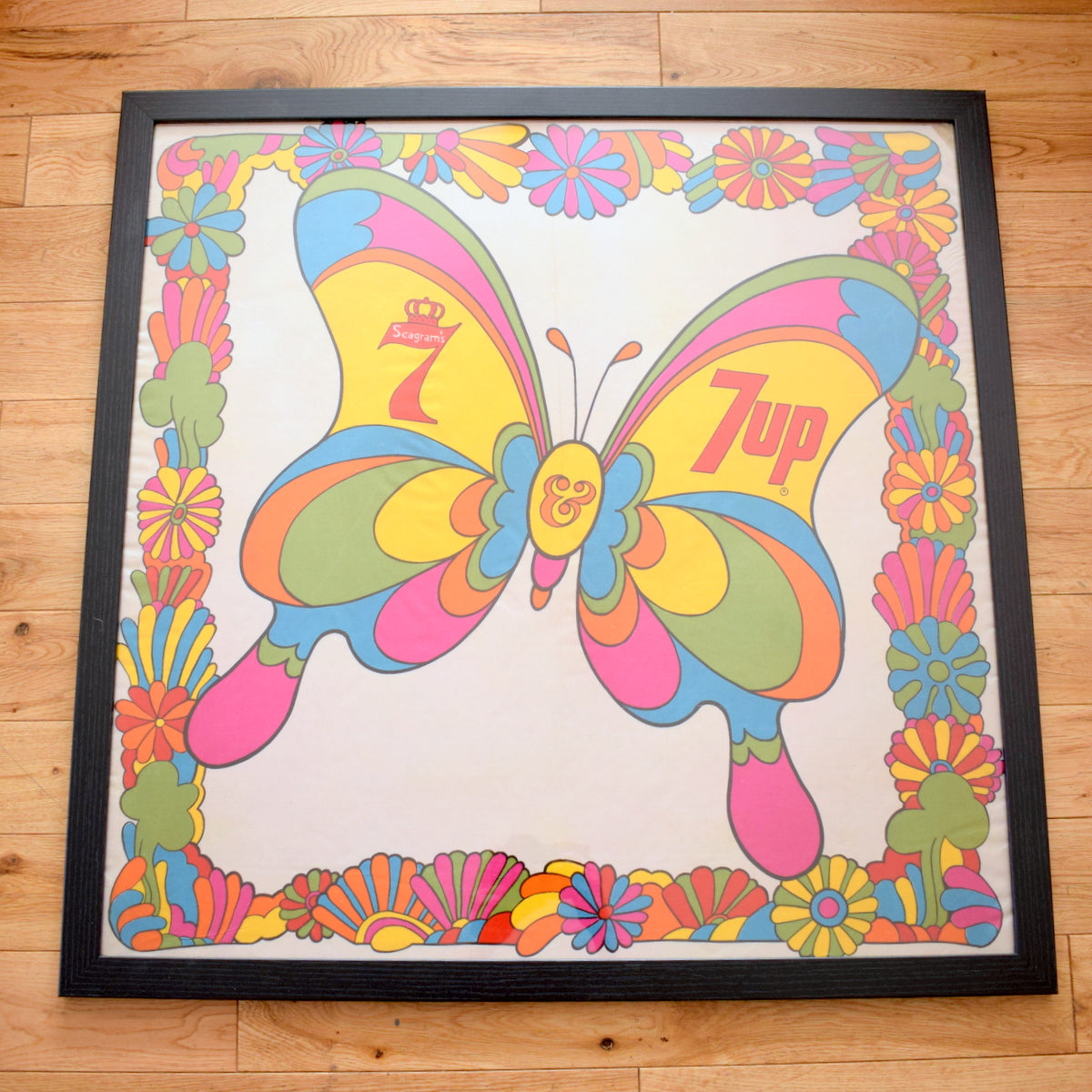 Vintage 1960s Rare American 7UP / Seagrams Framed Butterfly Scarf
