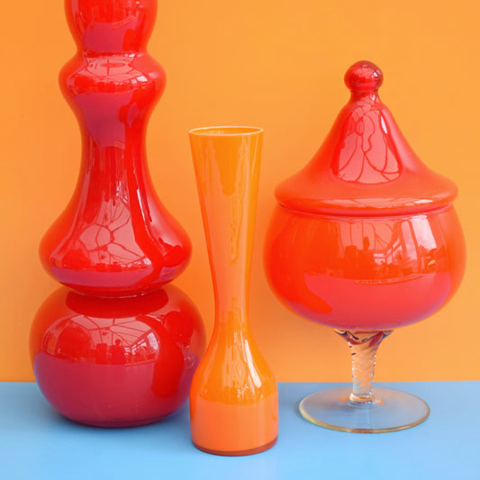 Vintage 1960s Glass Vases / Candy Jar - Red/ Orange by Vintage