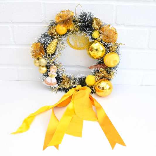 Kitsch Christmas Wreath Made With Vintage Decorations - Yellow / Gold