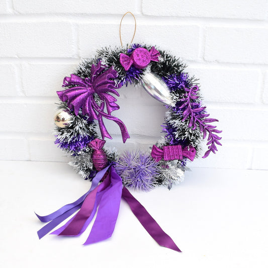 Kitsch Christmas Wreath Made With Vintage Decorations - Purple