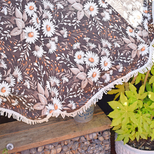 Vintage 1970s Garden Parasol - Orange Brown Flowers by Vintage