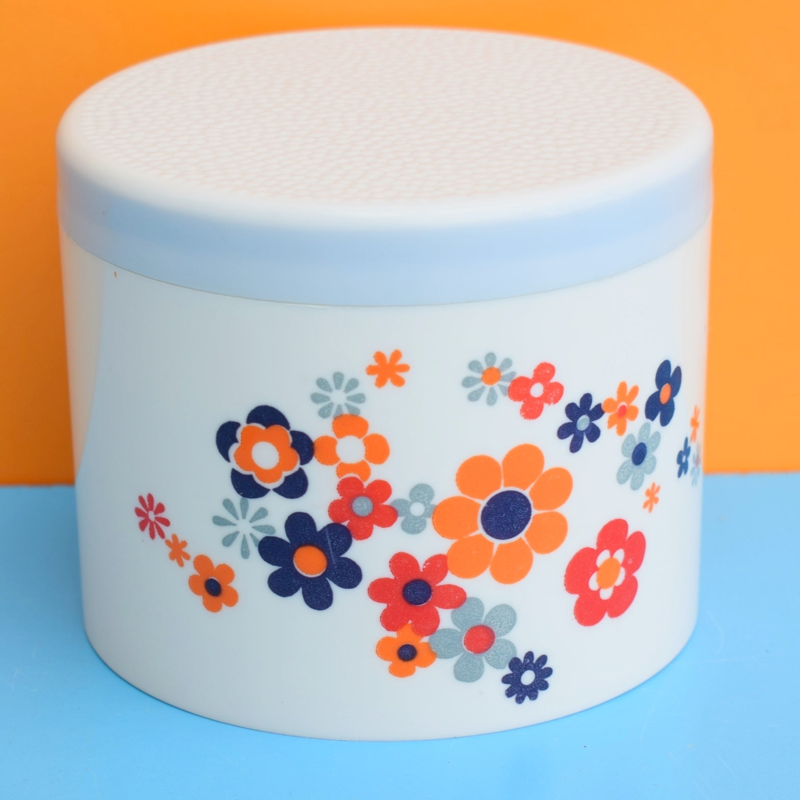 Vintage 1970s Flower Power Plastic Canister - Blue by Pineapple Retro