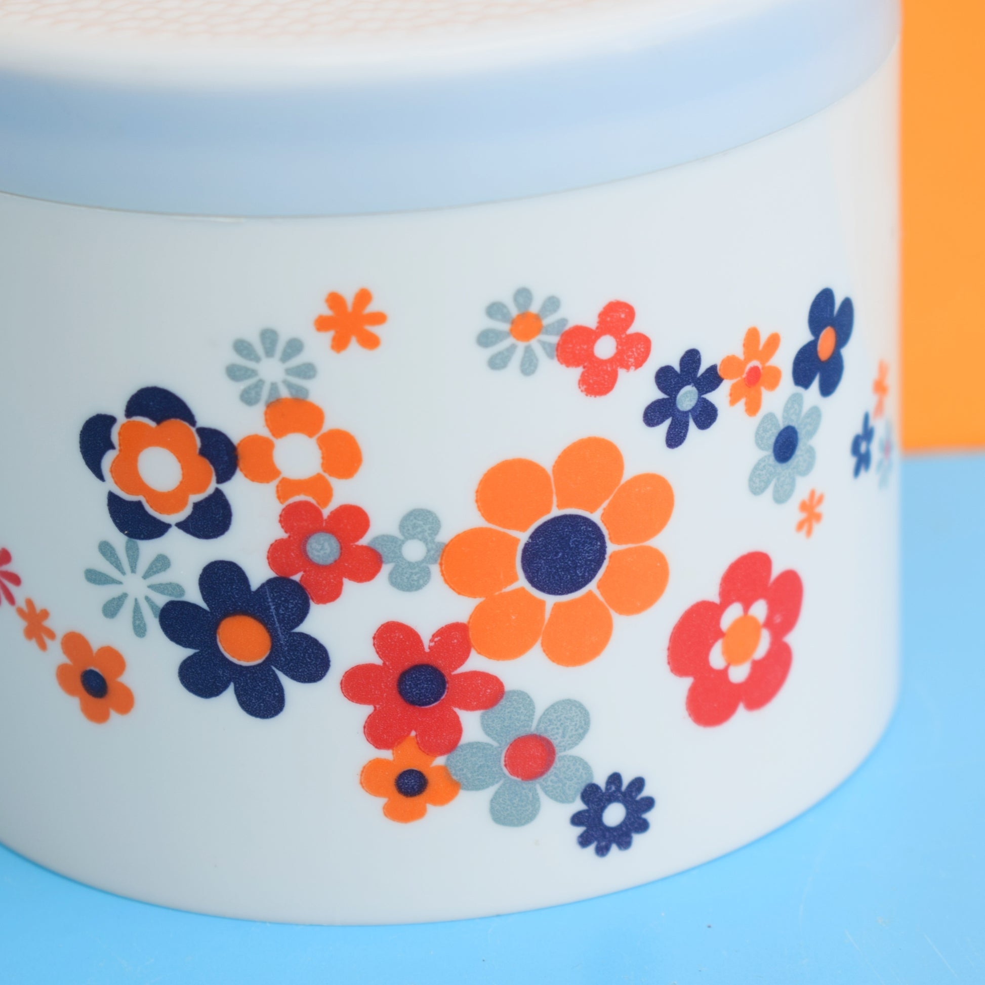 Vintage 1970s Flower Power Plastic Canister - Blue by Pineapple Retro