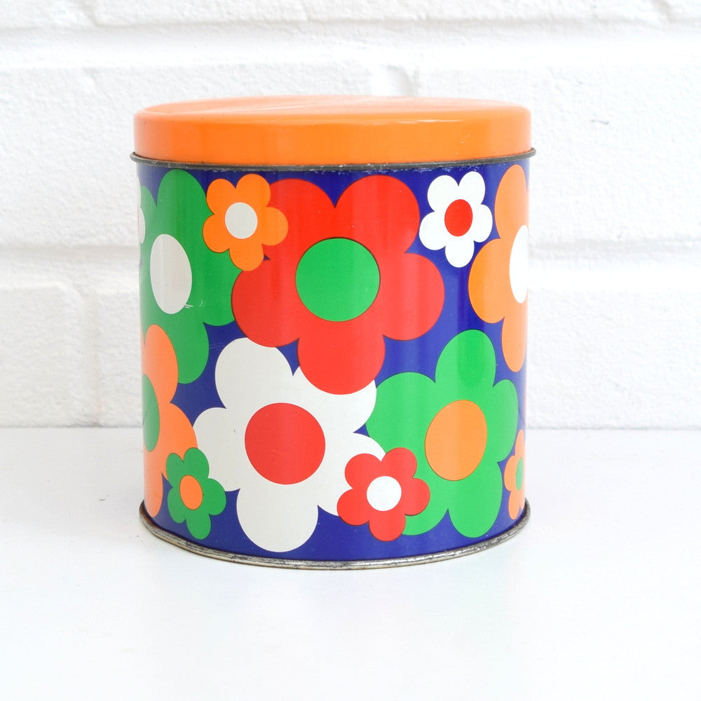 Vintage 1960s Flower Power Metal Tin - Orange , Green & Blue