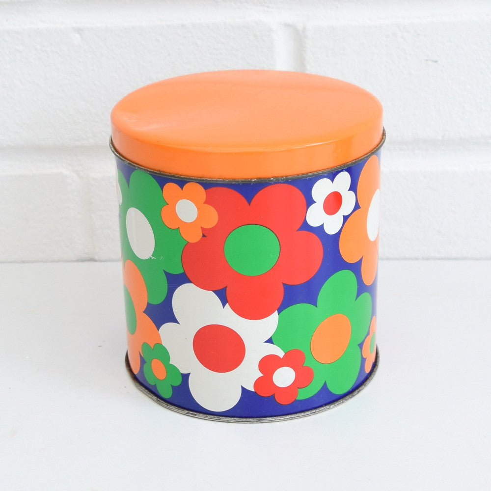 Vintage 1960s Flower Power Metal Tin - Orange , Green & Blue top