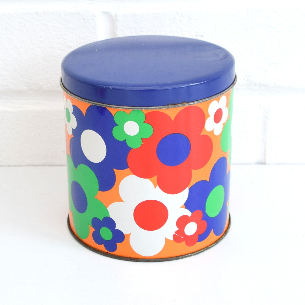Vintage 1960s Flower Power Metal Tin - Orange , Green & Blue