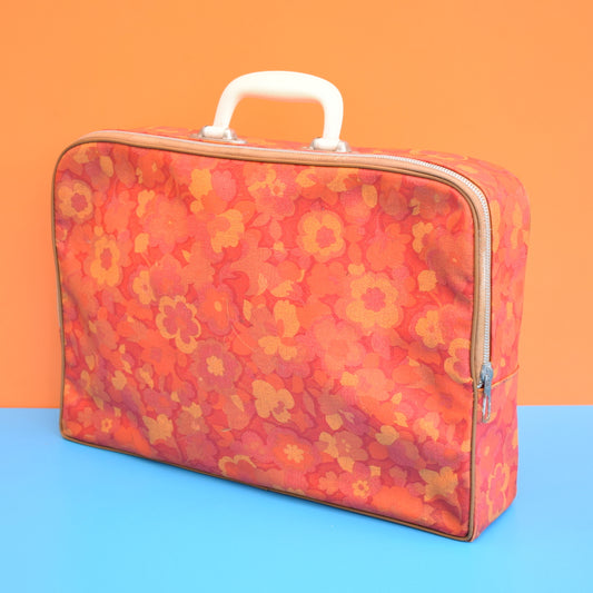 Vintage 1960s PVC Suitcase, Flower Power - Orange & Red