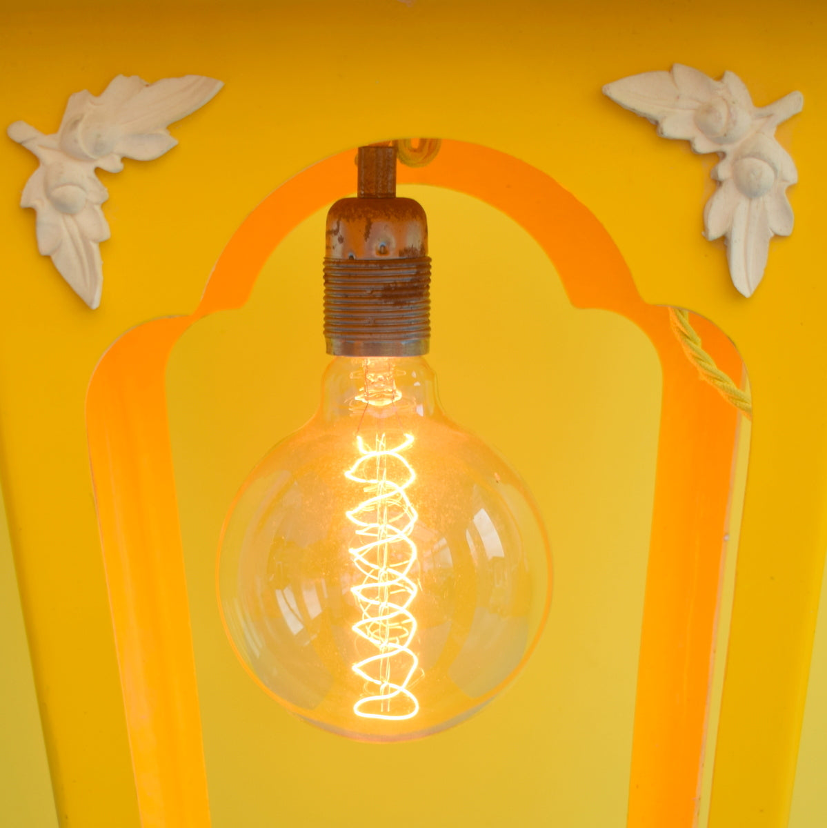 Vintage Large Fibreglass Lantern - Lamp/ Planter / Bird Feeder - Yellow & White