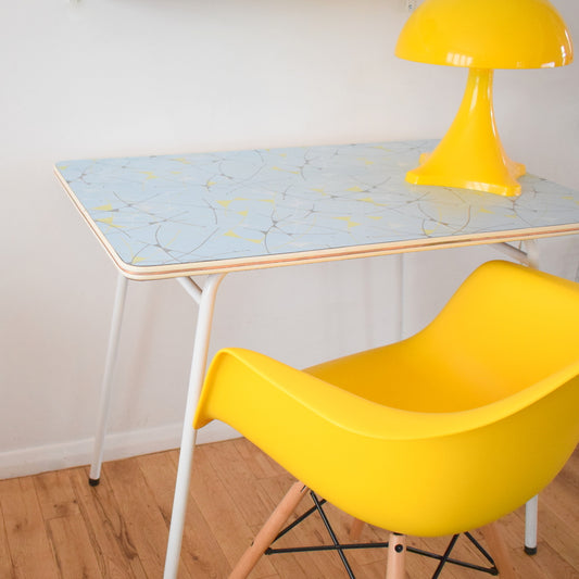Vintage 1950s Formica Table - Fantastic Printed Formica - Ideal Desk, Yellow / Powder Blue