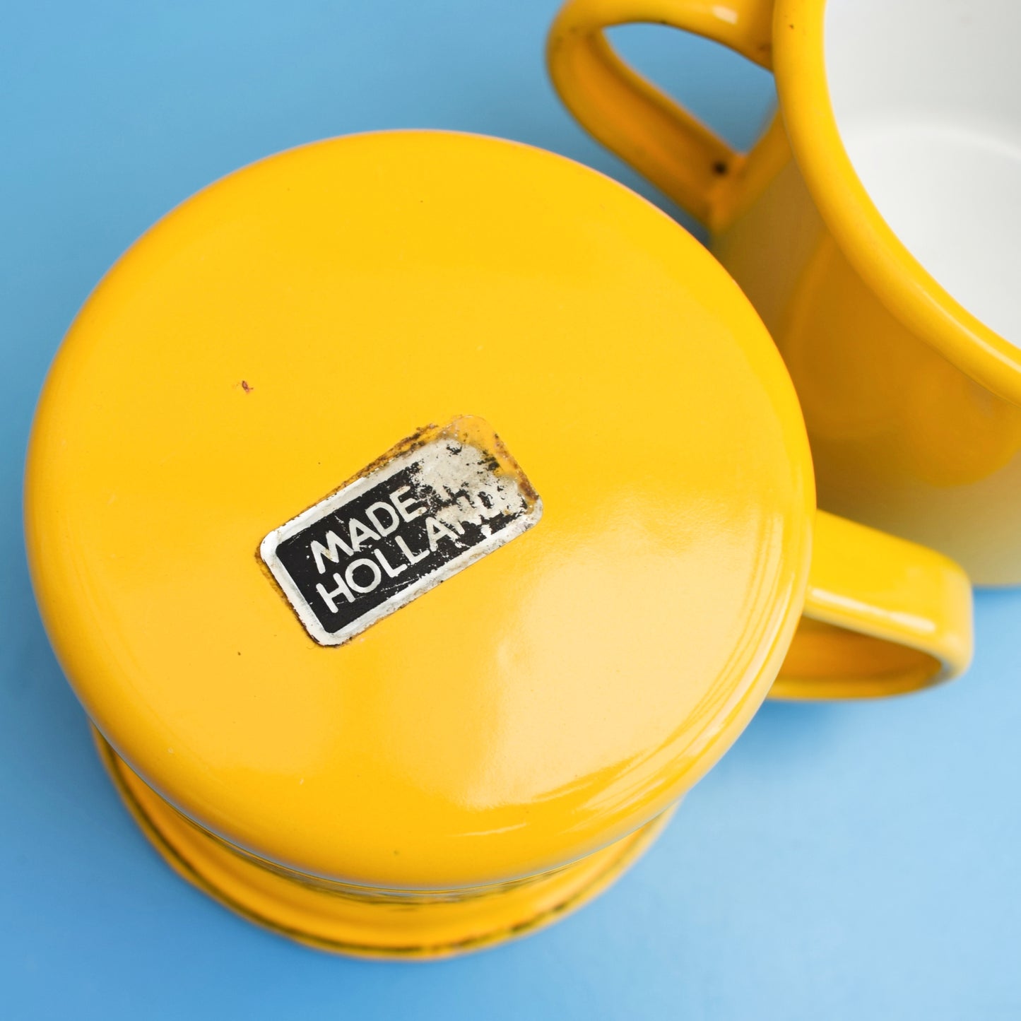 Vintage 1960s Enamel Mug Pair - Dutch - Yellow