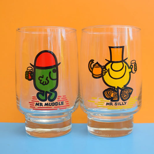 Vintage 1970s Mr Men Drinking Glasses - Mr Muddle & Mr Silly by Pineapple Retro