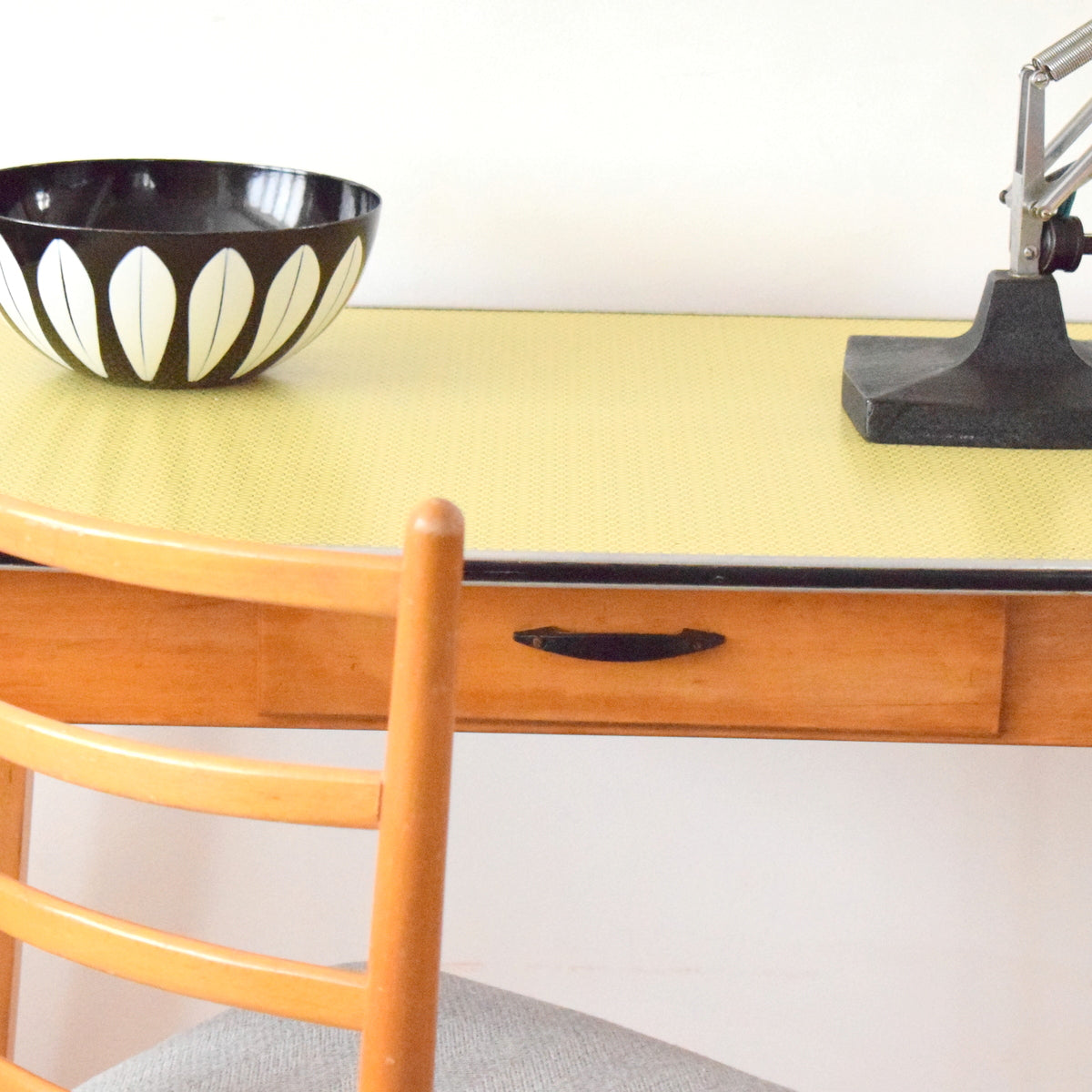 Vintage 1950s Formica Table - Fantastic Printed Formica - Ideal Desk, Yellow / Black & Chair