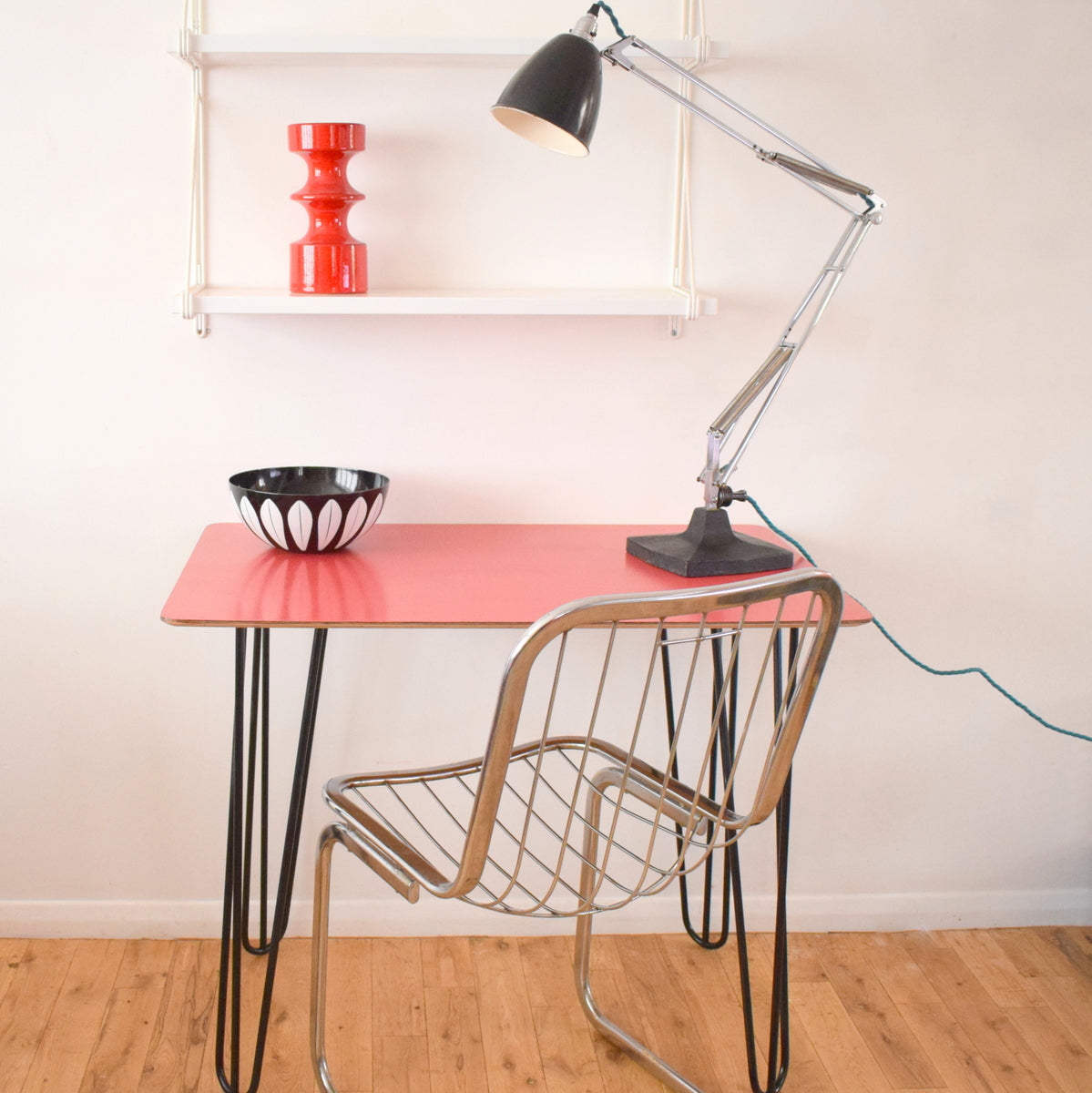 Vintage 1950s Formica Table - Hairpin Legs - Ideal Desk, Red / Black