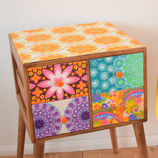 Vintage 1960s Wooden Drawer Unit - Multiple Vintage Wallpapers - Patchwork