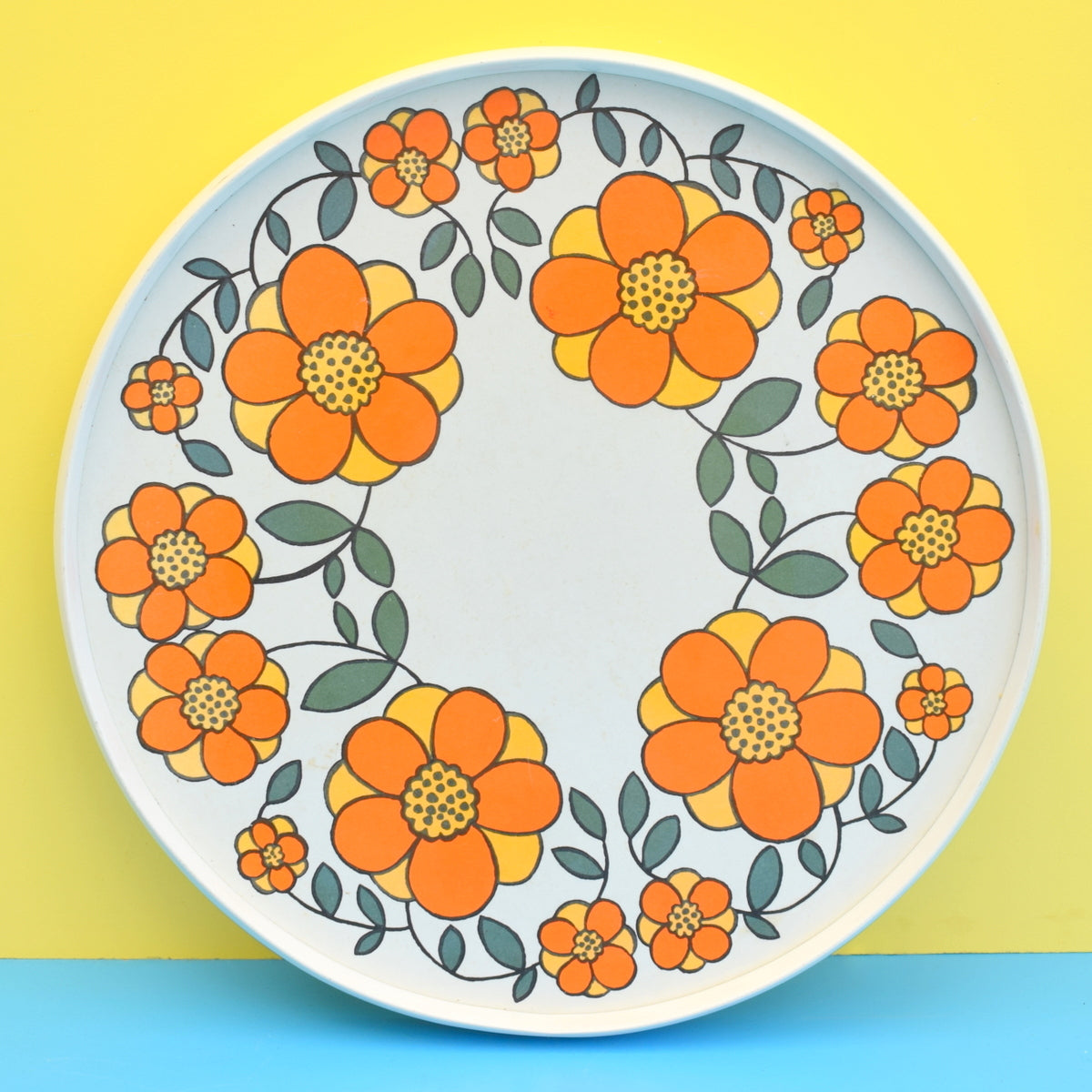 Vintage 1960s Melamine Round Tray - Flower Power Design - Orange