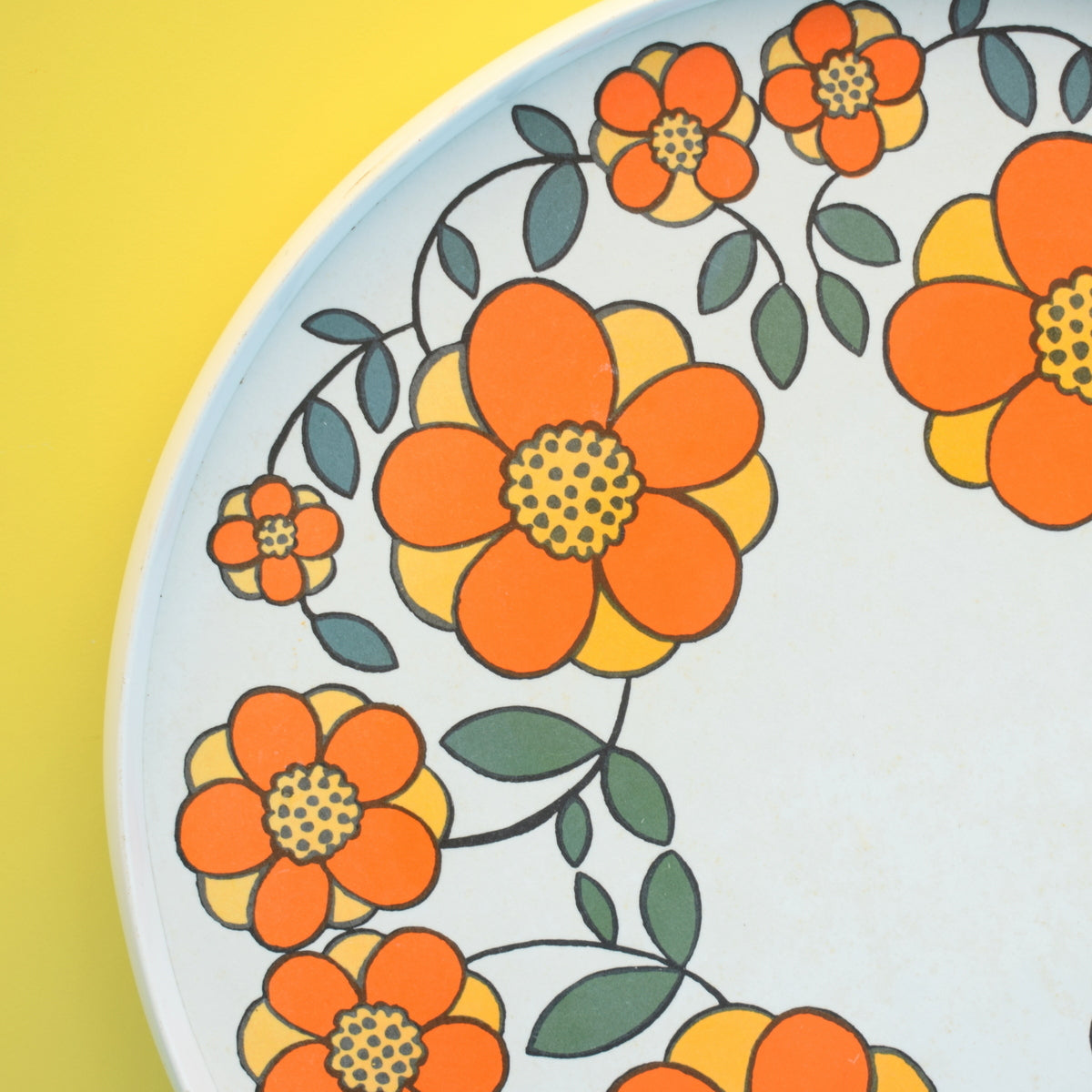 Vintage 1960s Melamine Round Tray - Flower Power Design - Orange