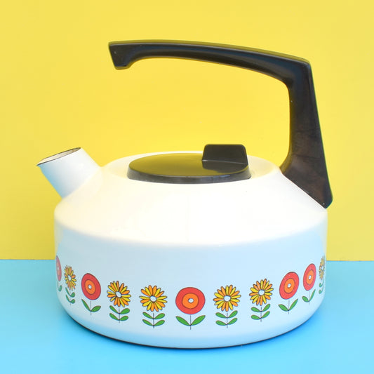 Vintage 1970s Enamel Stove Kettle - Flower Power Design - Damaged