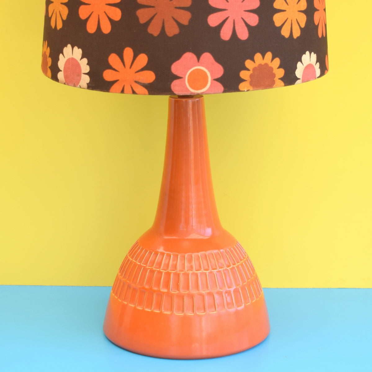 Vintage 1960s Floor Lamp - Lancastrian Pottery - Flower Power - Orange & Brown