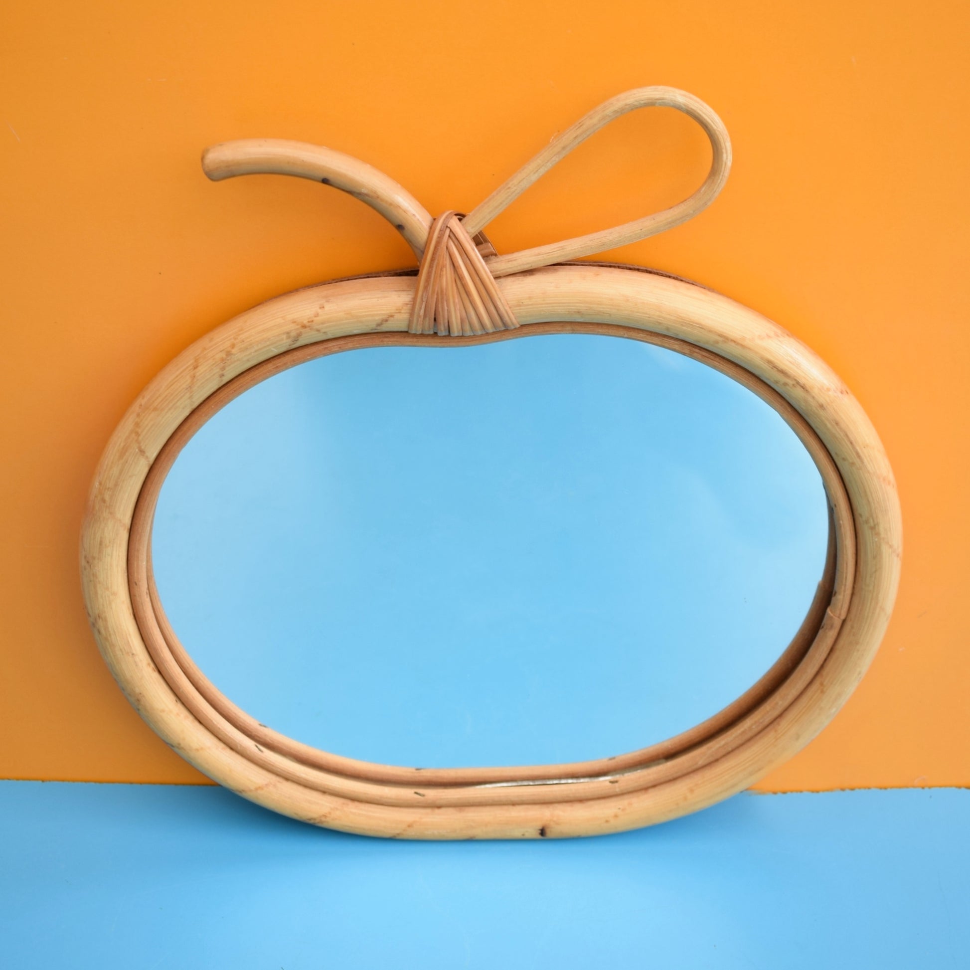 Vintage 1970s Apple Shaped Bamboo Mirror by Vintage