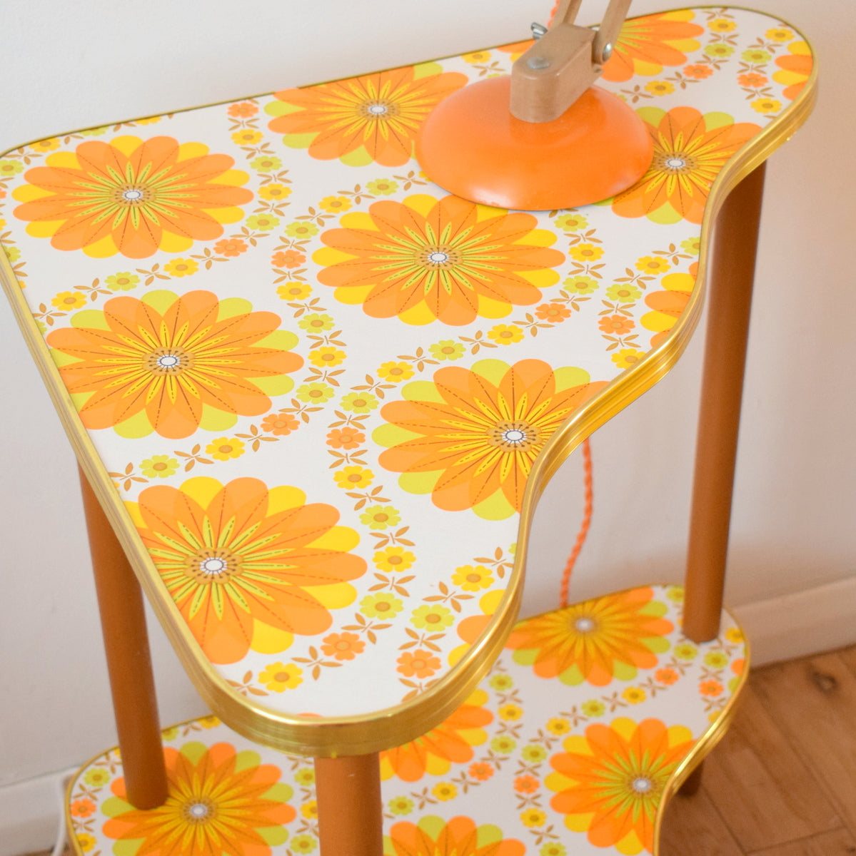 Vintage 1960s Tiered Side Table - Flower Power - Orange Vinyl