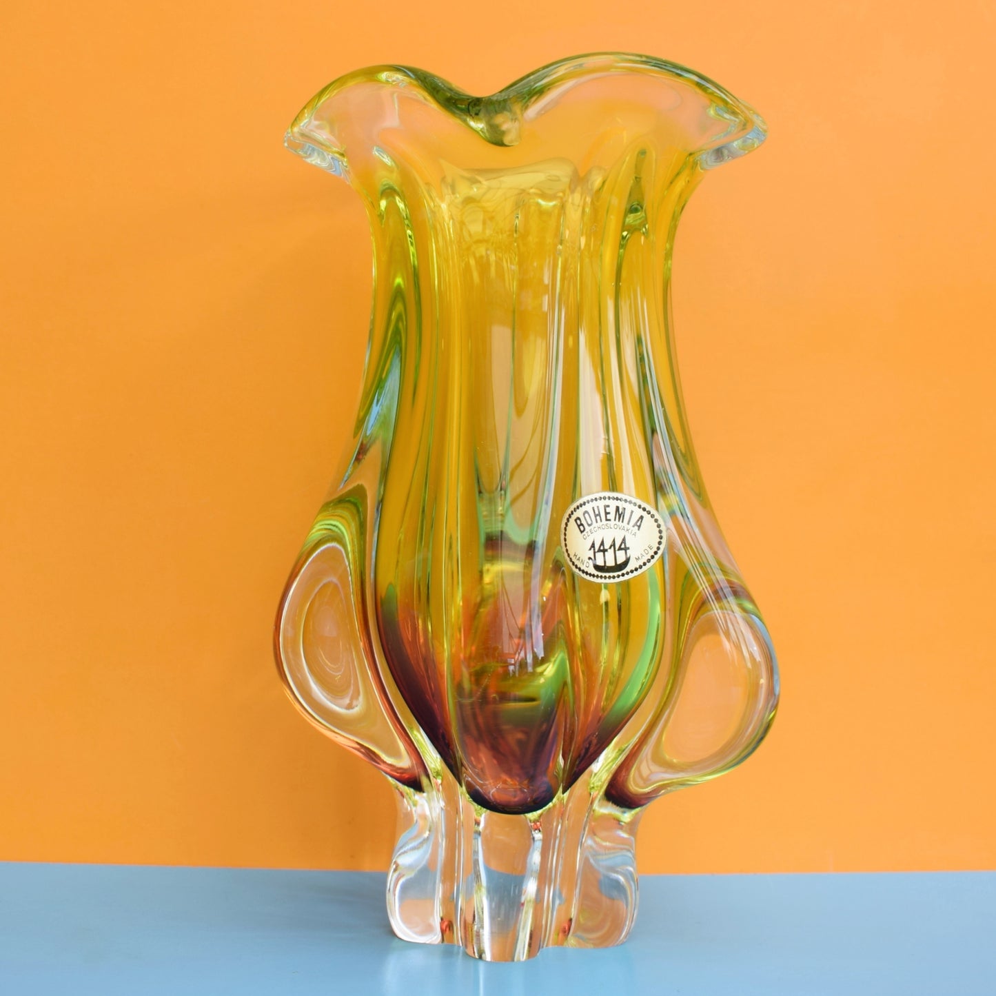 Vintage 1960s Glass Vase - Bohemia Czech - Lime