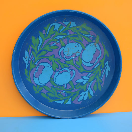 Vintage 1960s Round Tray - Floral Design- Blue