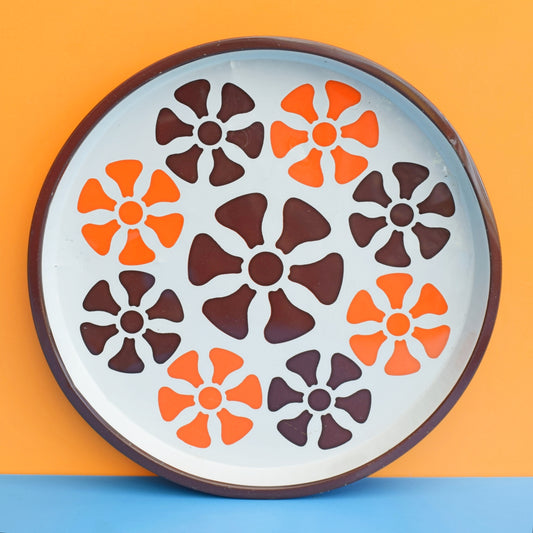 Vintage 1960s Tin Round Tray - Orange/ Brown Flower Power by Vintage
