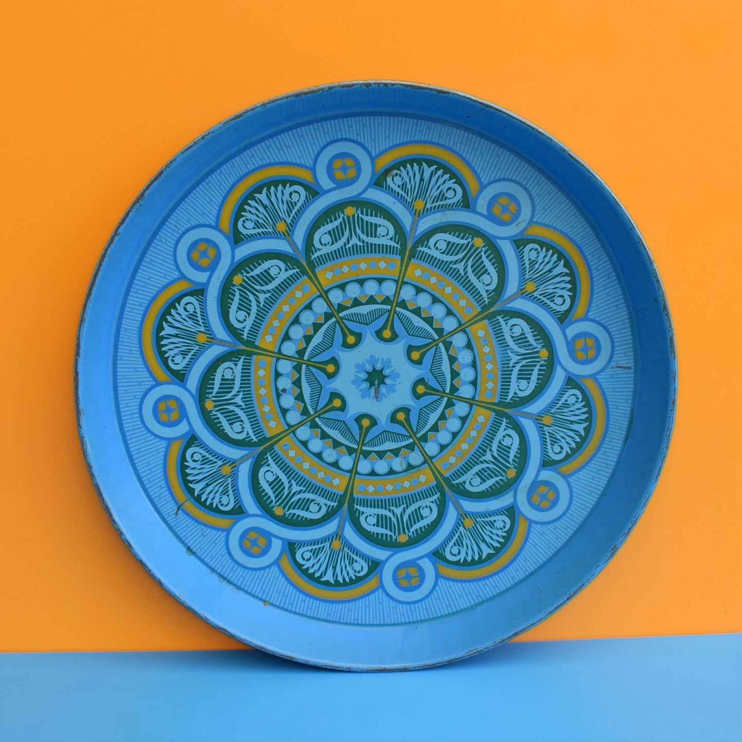 Vintage 1960s Round Tray - Geometric Design- Turquoise Blue