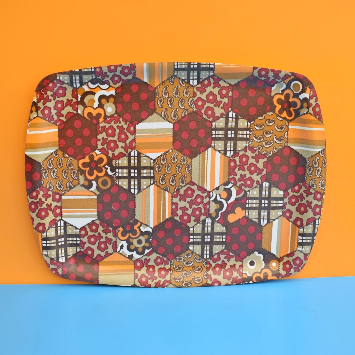 Vintage 1960s Patchwork Style Tray - Brown